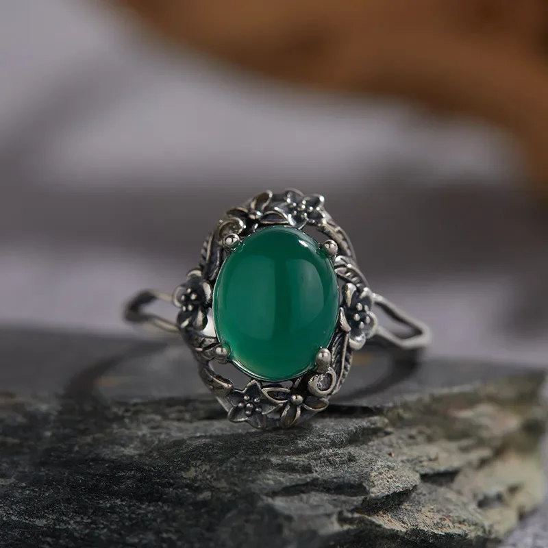 S925 sterling silver natural blue gold powder crystal chalcedony color Baotai silver ring female retro ethnic style open ring