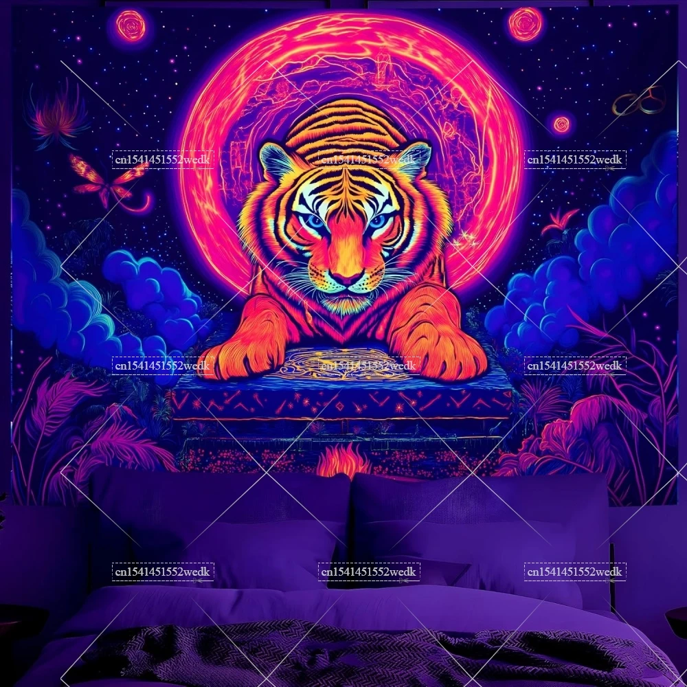 Blacklight Tiger Tapestry Animals UV Reactive Black Light Galaxy Landscape Tapestrys Glow In The Dark Neon Backdrops Aesthetic