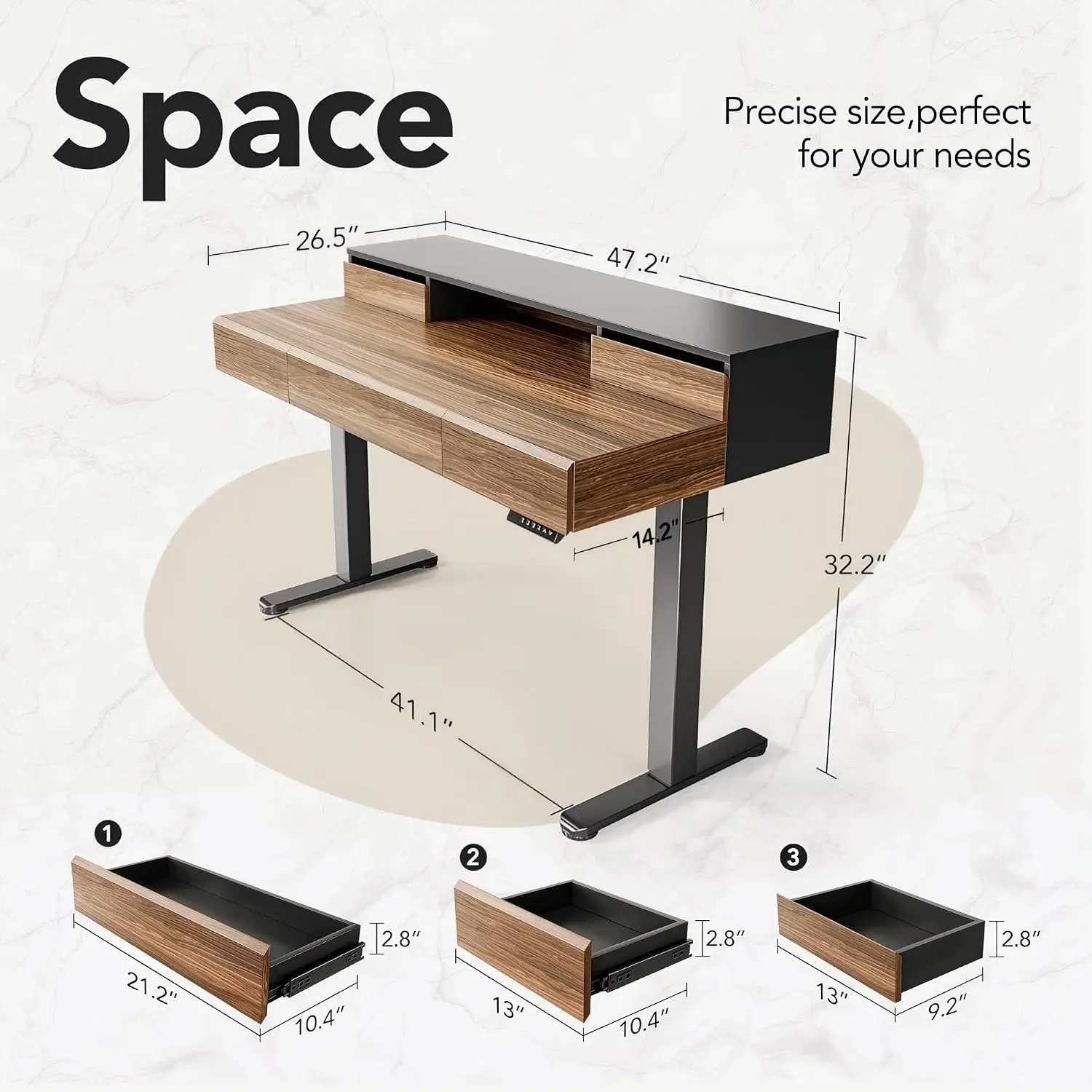 Electric Standing Desk with Drawers Height Adjustable Monitor Shelf 4 Memory Presets Home Office 55x24in, Customized