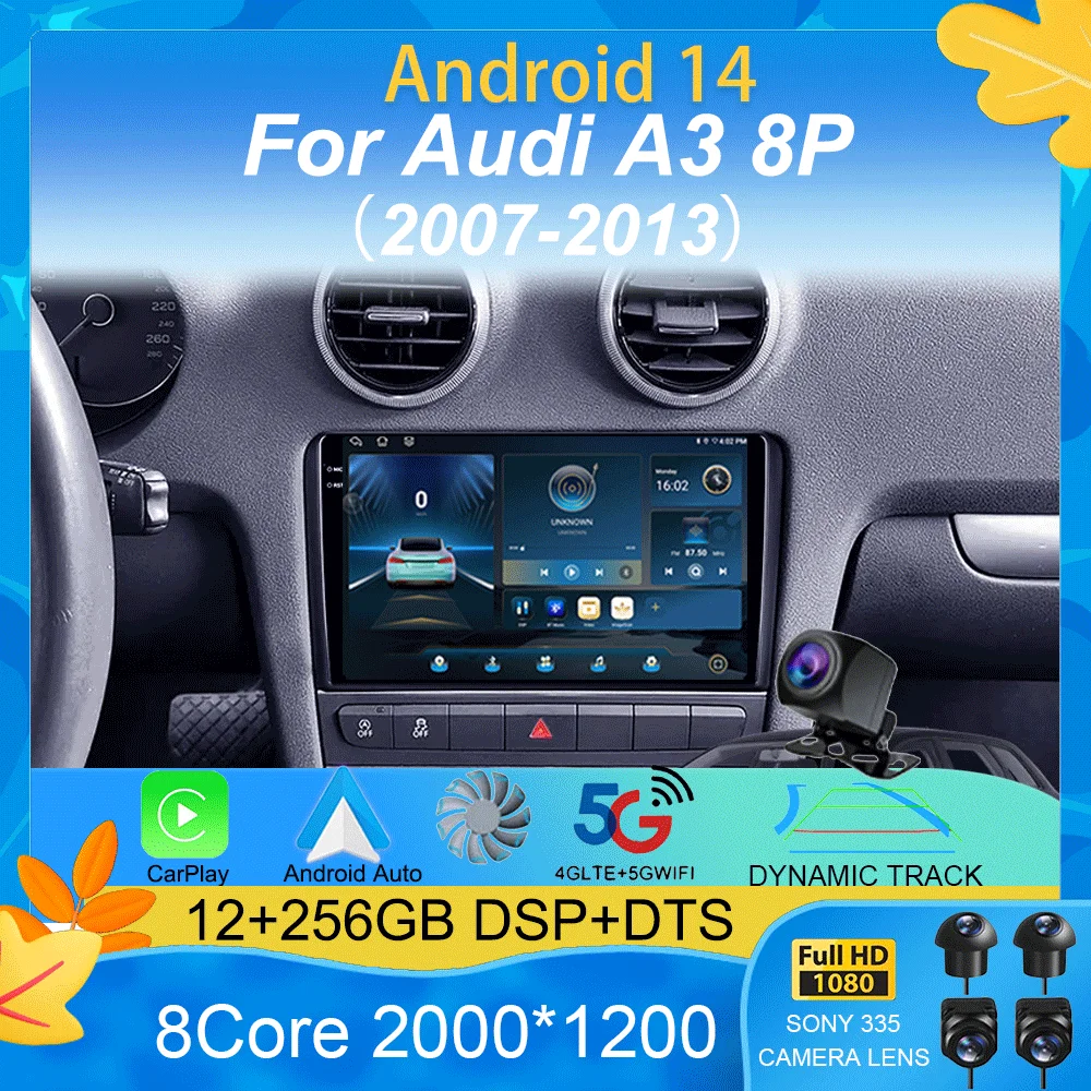 Android 15 Carplay Auto For Audi A3 8P 2003-2013 Car Radio 2din Multimedia Player GPS Navigation Audio Stereo DSP 360 Camera 4G