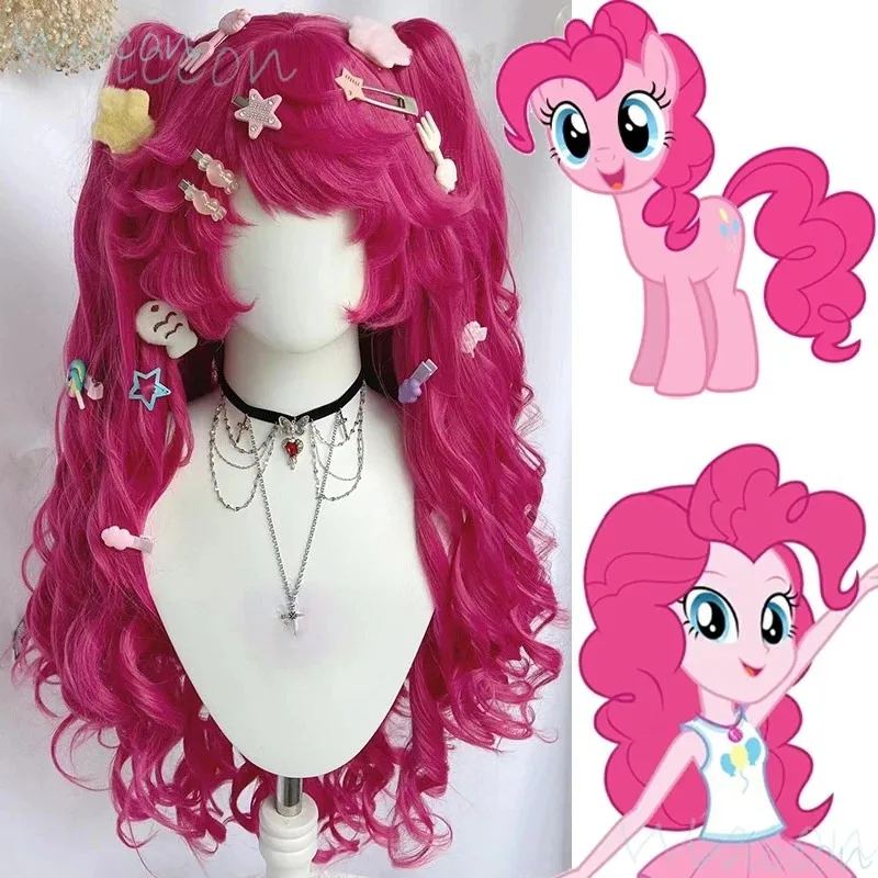 Anime Pinkie PP Pinkamena Diane Pie Cosplay Personificación My Little Cos Linda peluca de Pony Rosa rizos ondulados fiesta