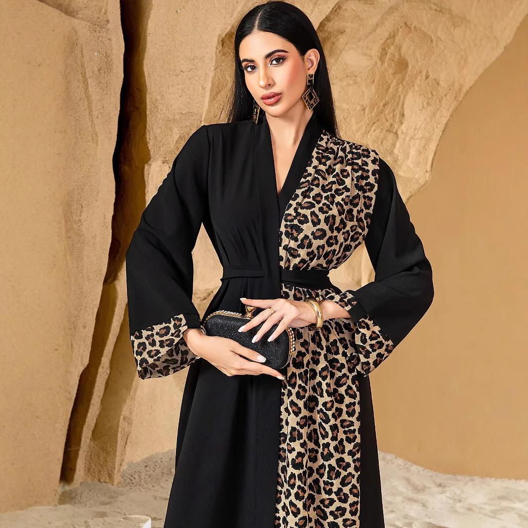 

Ba5146 Leopard Print Color Block Deep v Cardigan Coat with Belt Long Plus Size Women's Dress Ramadan Dubai Luxury Islam Elegant