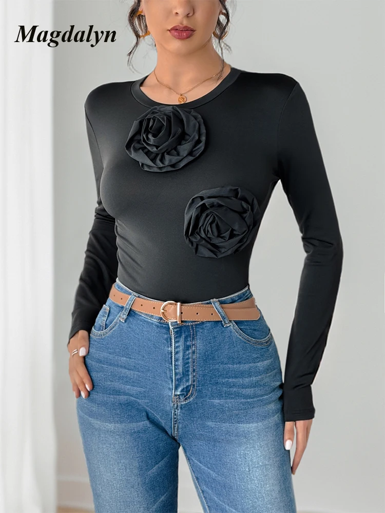 

Magdalyn Sexy Women Floral One Piece Combination Rompers Lingerie Skinny Catsuits Slim Solid Black O Neck Long Sleeves Bodysuits