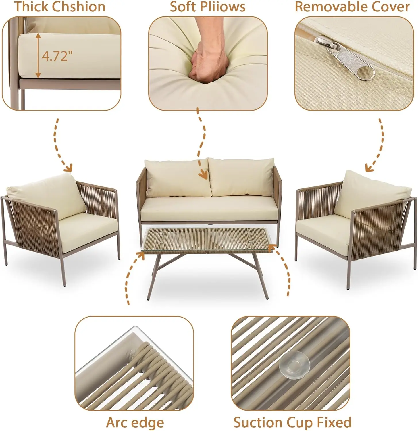 Person Patio Set, Patio Conversation Set, Out Rope Sofa Set with Cushions and Toughened Glass Table, Piece  Rattan Loveseat