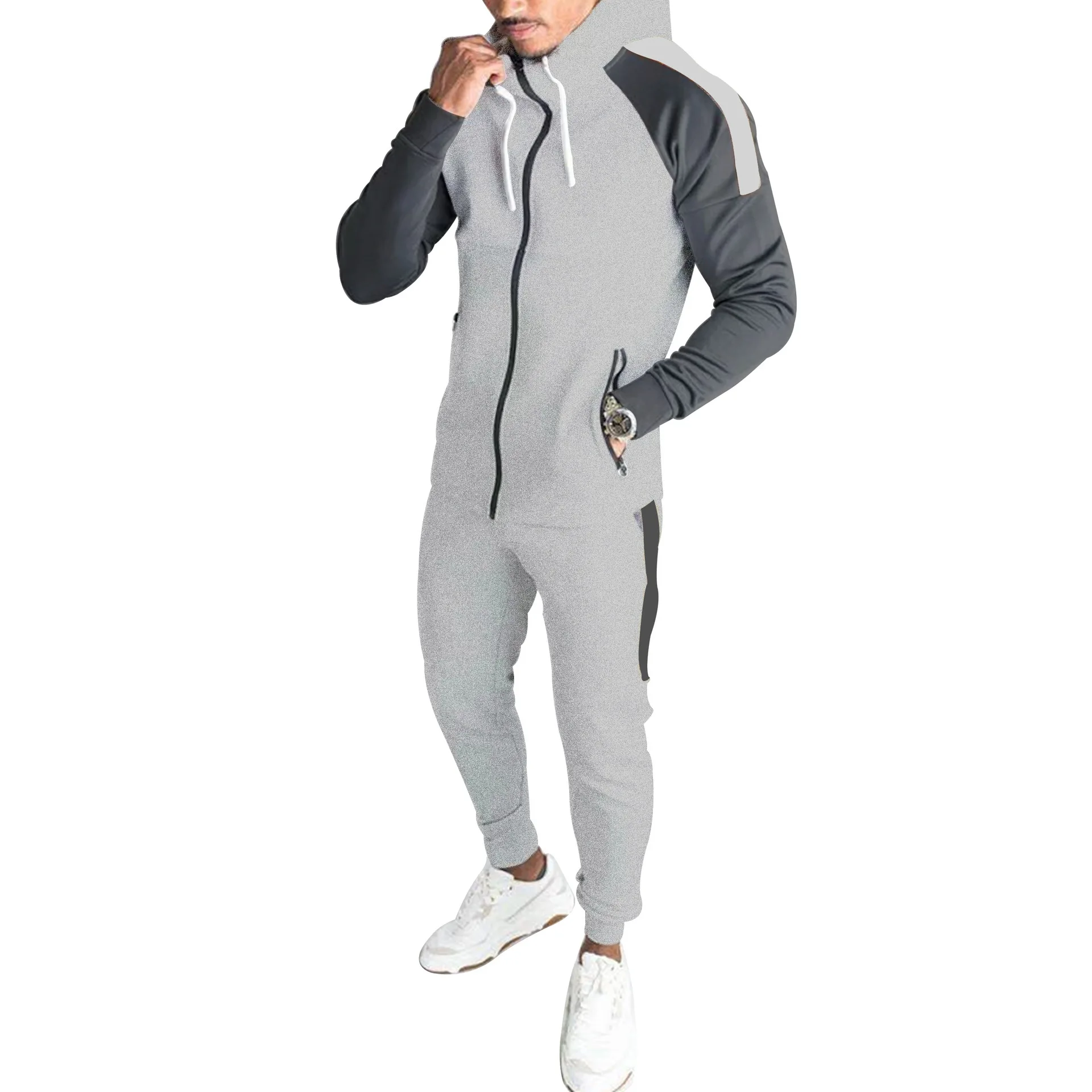 2024 Spring and Autumn New Men\'s Fashion Casual Color blocked Cardigan Zipper Hoodie Set Sports Running Two Piece Set