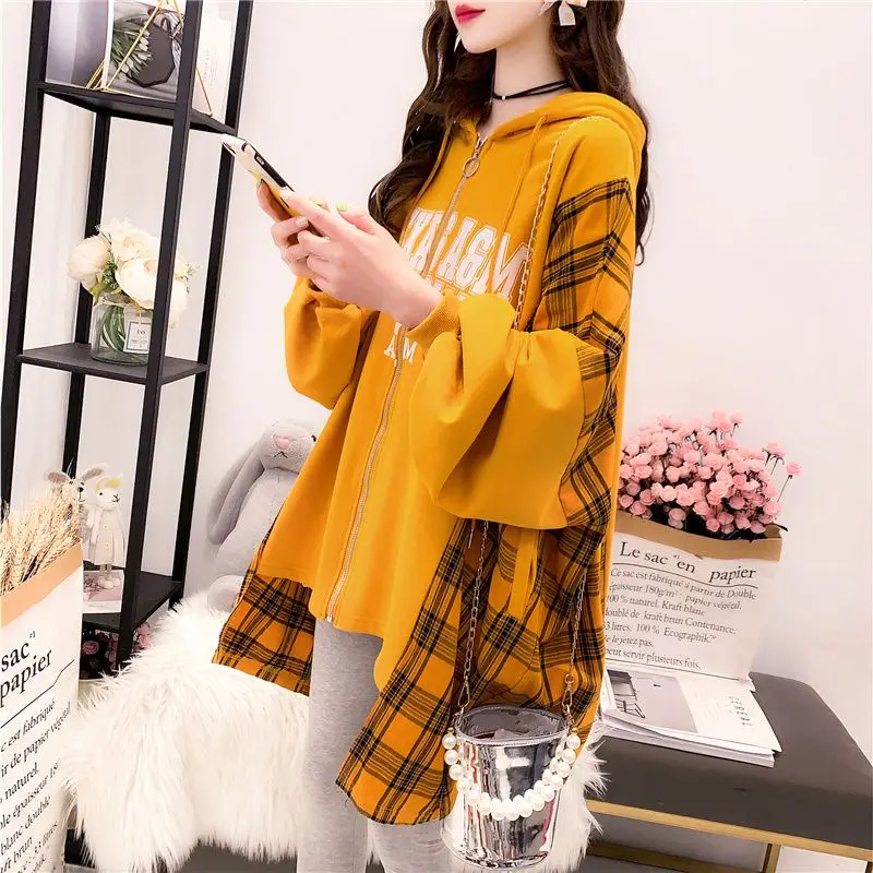 Autumn Winter Fashion Patchwork Coat Female Casual Plaid Irregular Zipper Cardigan T-Shirts Women Clothing Street Casual Top Tee