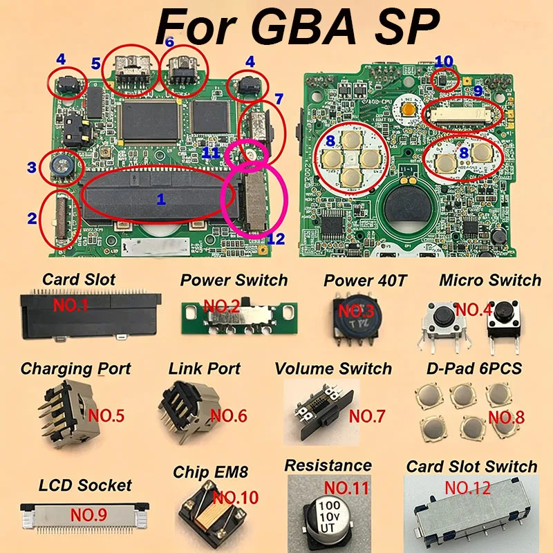 1PC For GBA SP Game Console Motherboard Micro Power Volume Switch D-Pad Button Speaker Card Slot Socket LCD Screen FPC Connector