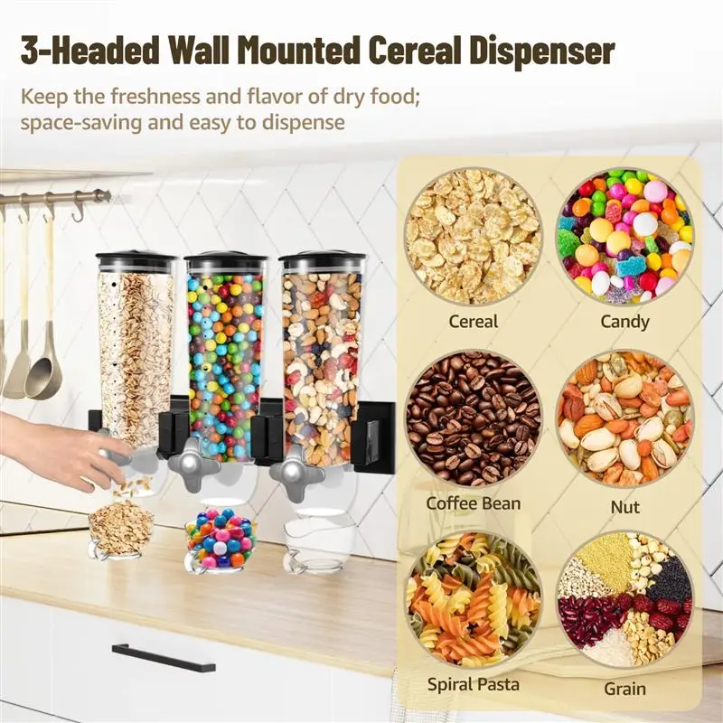 3-Headed Wall-Mounted Cereal Dispenser 4.5L Large Capacity Dry Food Dispenser Wall Mounting Candy Dispenser Clear Wall Grain