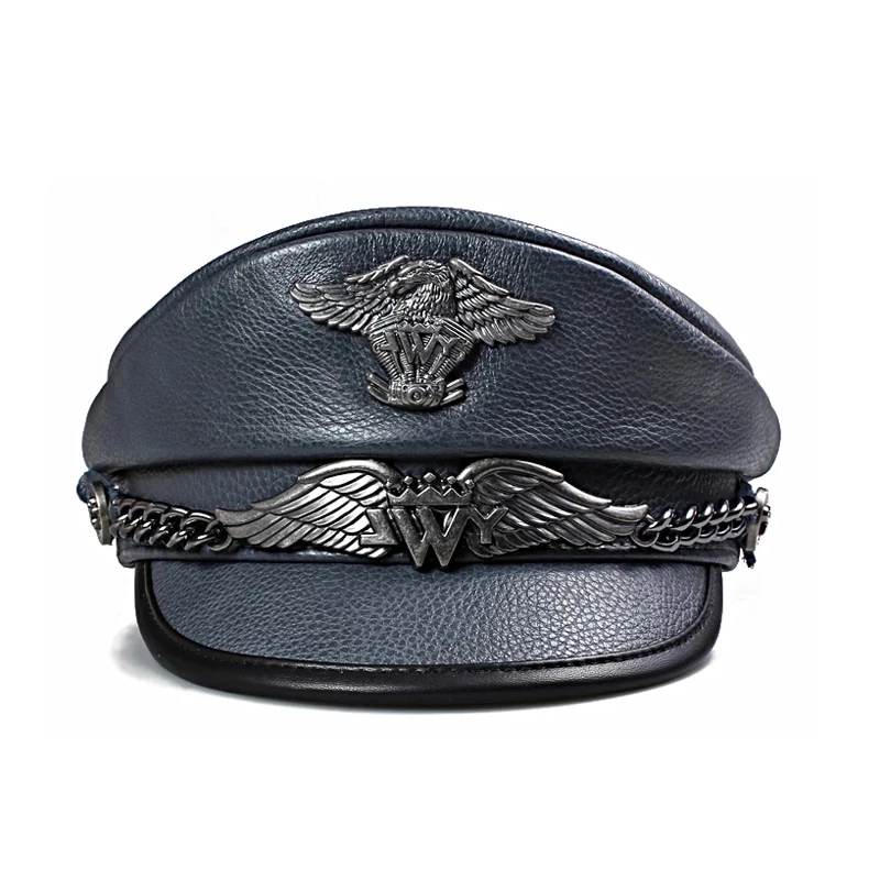 German Military Hats Men's Genuine Leather Flat Top Caps Novelty Royal Blue First Layer Cowhide Captain General Navy Chapeau Mal