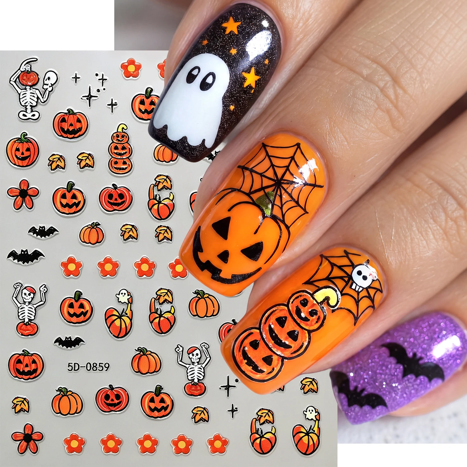 1 Stück 5D Niedliche Kürbis-Nagel-Halloween-Aufkleber Skelett/Fledermaus/Geist/Blume Nagelsticker Selbstklebende Halloween-Kürbis-Nageldekoration R3 – Detail 1