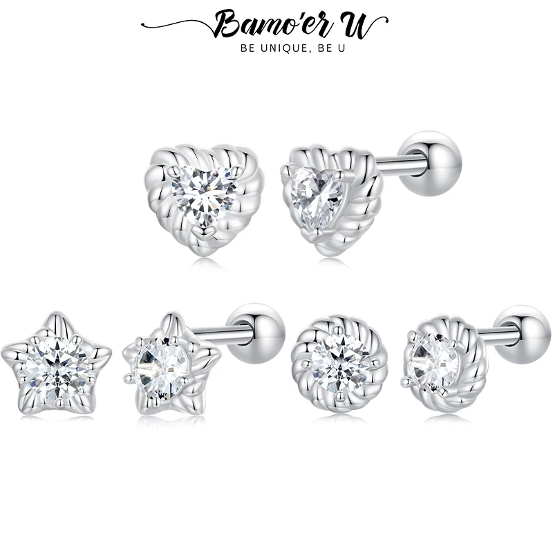 Bamoer U Twisted Moissanite Studs Earrings Retro Heart Star Shape with Round Clasp for Women Engagement Minimalist Jewelry Gift