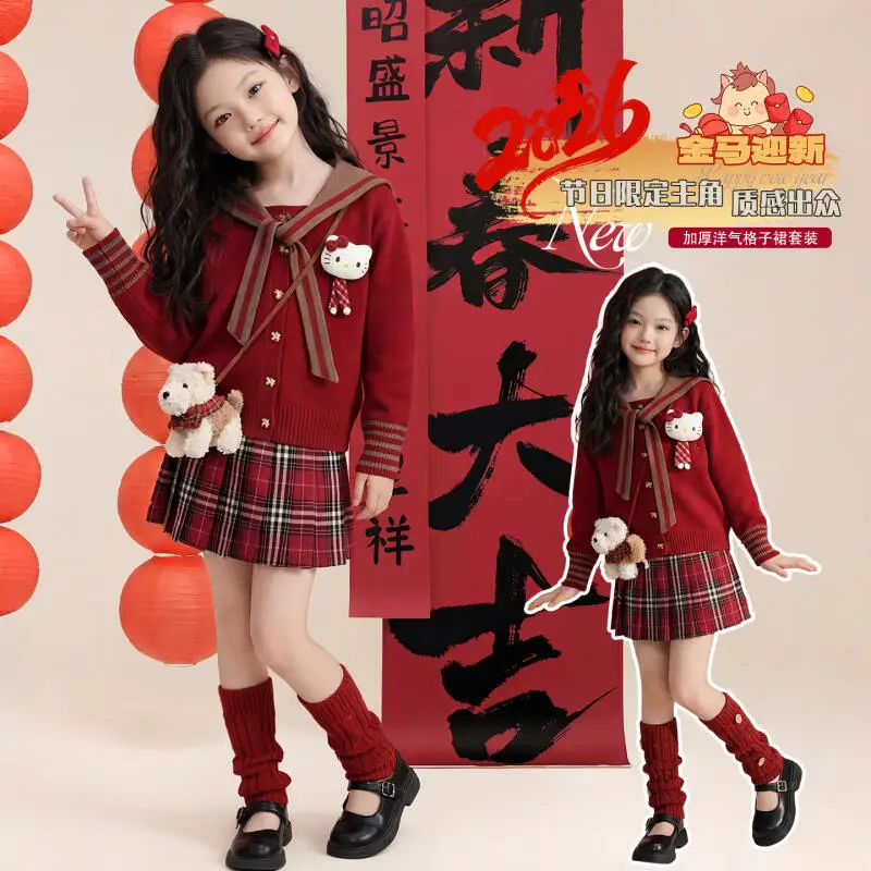 

Горячая новинка: Комплект с юбкой Sanrio для девочек, Hello Kitty, в стиле кавайи, аниме-мода, весна-осень, свитер и юбка, детская одежда, комплект из 2 предметов