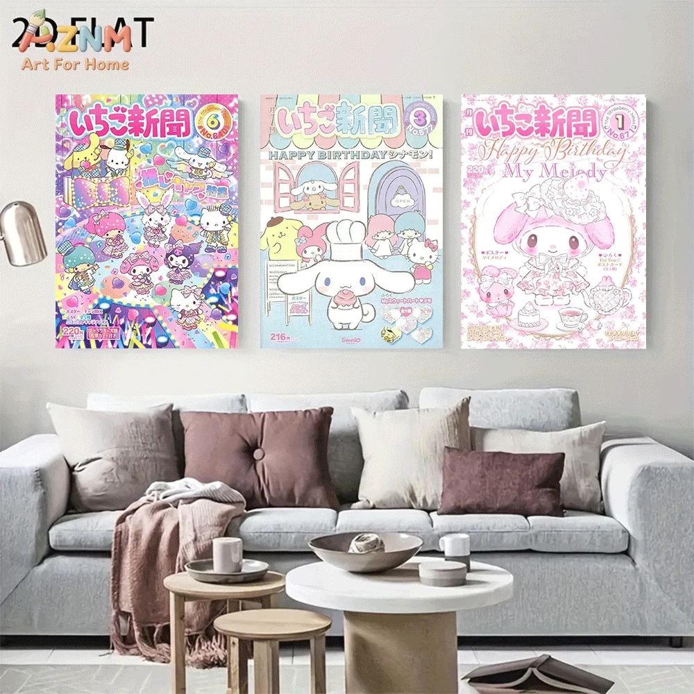 AZNM Sanrio Cinnamoroll My Melody Frameless Canvas Wall Art, Retro Ichigo Shinbun Magazine Poster, Cute Birthday Sweet Aesthetic