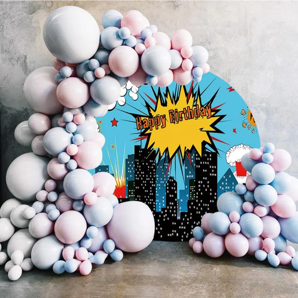 مباني مدينة البطل الخارق غطاء خلفية مستديرة بطل السوبر استحمام الطفل الاطفال حفلة عيد ميلاد ديكور دائرة التصوير الخلفية