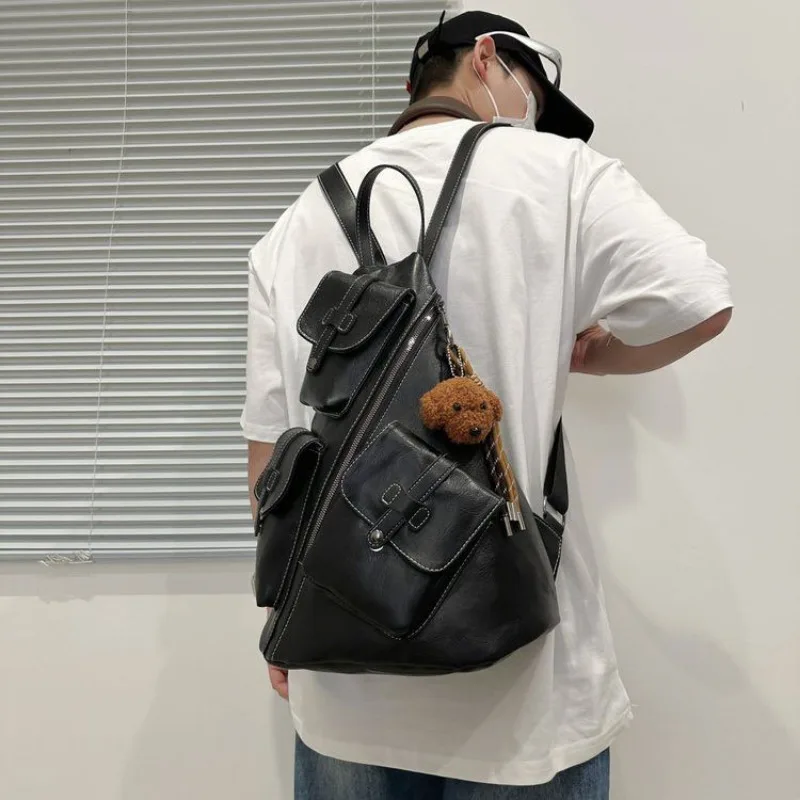 Multifunction Vintage PU Leather Backpack Men Women Large Capacity Outdoor Motorcycle Sport Travel Bag