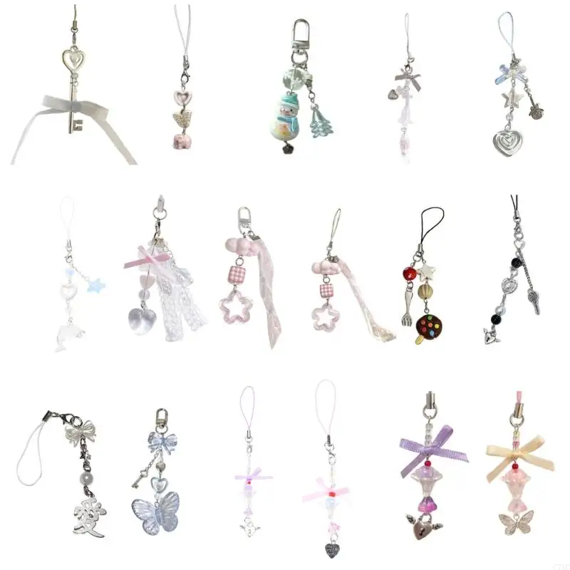 

C71C Butterfly Heart Bead Charm Pendant Chain Phone Strap Pocket Keychain Strap Hangings Decoration for Key Bag Purse
