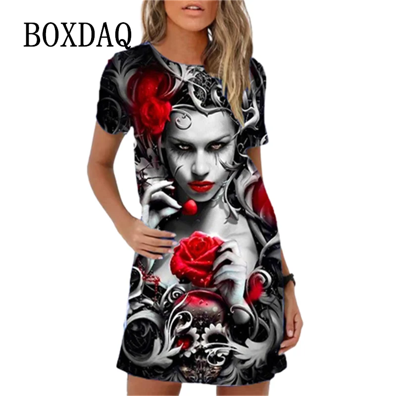 Vintage Skull 3D Print Dress Women Summer Sundress Short Sleeve Hip Hop  Horror Hot Sale Casual Dress Harajuku Oversized Clothes