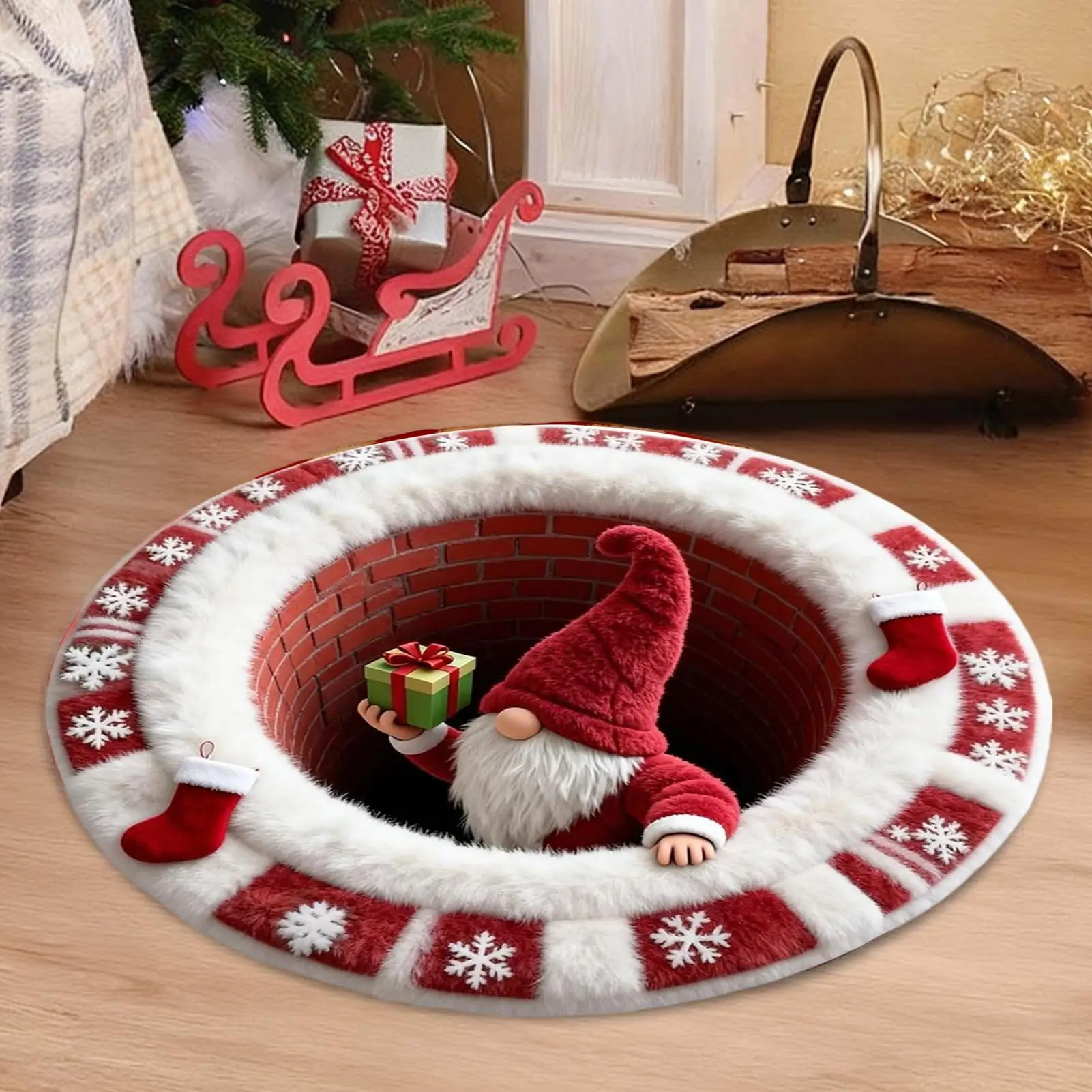 3D-Illusion-Weihnachtsteppich, 60 cm, rund, rutschfest, Fußmatte, Urlaubsdekoration für Schlafzimmer, Badezimmer, Küche, Eingangsbereich, Veranda, Weihnachtsgeschenke
