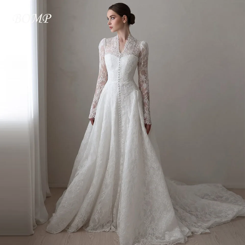 Bomp requintado renda uma linha vestidos de casamento v-neek manga longa renda varredura trem vestidos de noiva modesto dubai árabe feminino personalizado