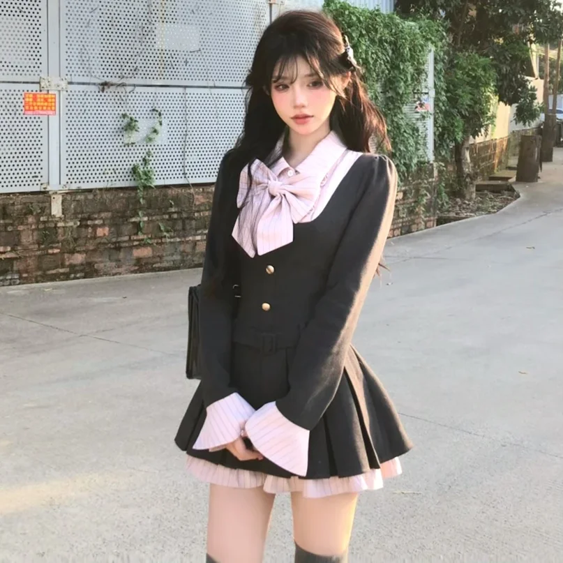 Winter Bow Vintage Wool Dress Women Long Sleeve Bow Lolita Kawaii Dress Female Koren Fashion Designer One Piece Dress 2024 New