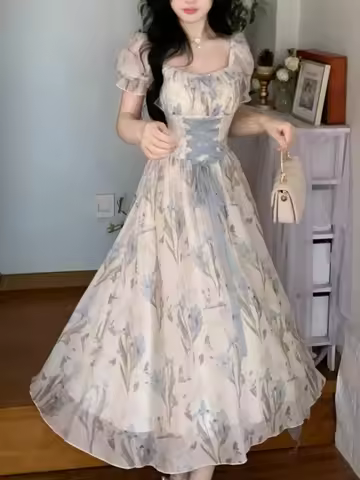 Korean Fashion Lace Fairy Midi Dress Summer Kawaii Puff Sleeve Princess Evening Party Vestidos Women Casual Lolita Dress 2025