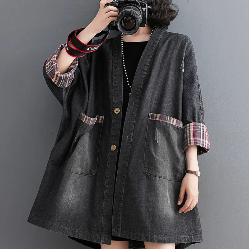 #6818 Black Blue Vintage Kimono Denim Jacket Women V-neck Buttons Loose Retro Long Jacket Outerwear Womens Pockets Autumn Winter