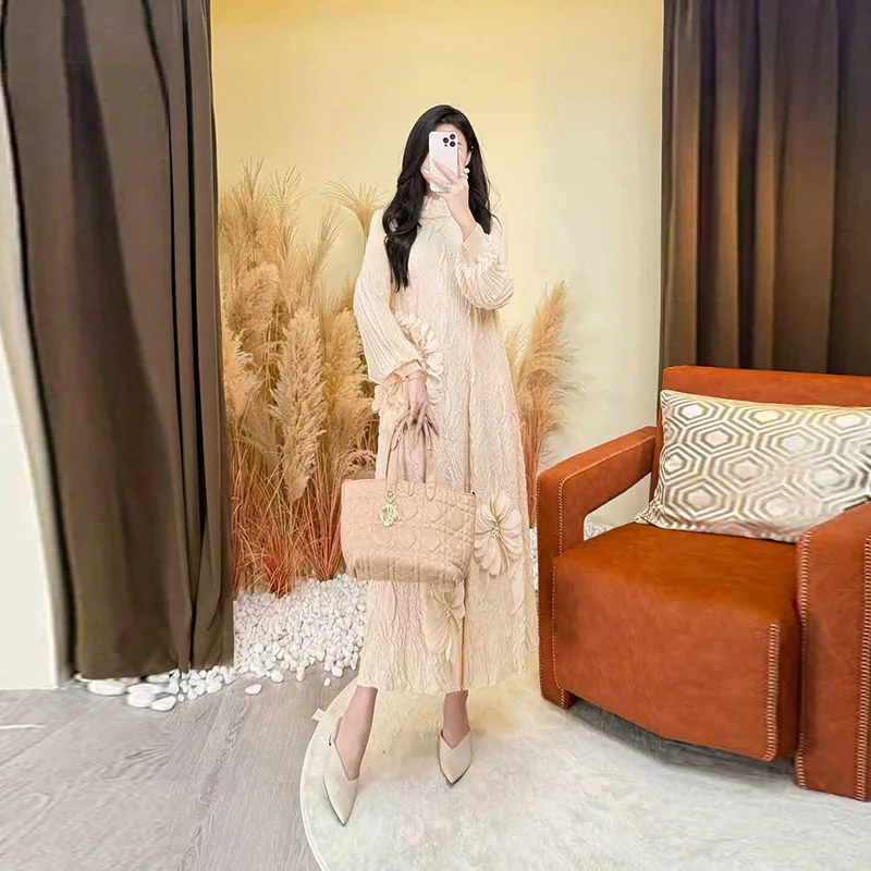 ミヤケプリーツ2025秋冬刺繍ドレス、ライトラグジュアリーハイエンドスタンドフラワー弾性メッシュルーズロングスカート