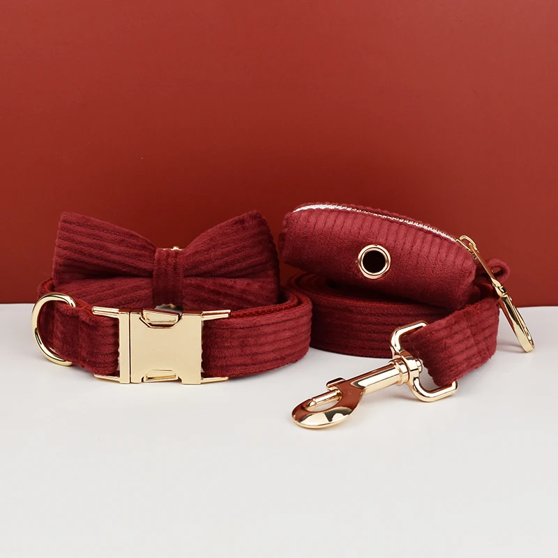 Top Seller Custom Logo Corduroy Dog Collars Leashes Harness Poo Bag Holder Bow Set Webbing For Sublimation Luxury Corduroy13