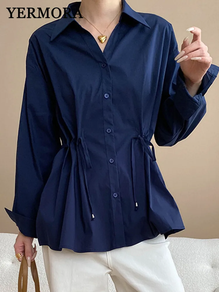 

YERMORA Navy Blue Pleated Drawstring Casual Blouse For Women Lapel Long Sleeve Loose New Shirt Fashion Tide Srping Autumn 2025