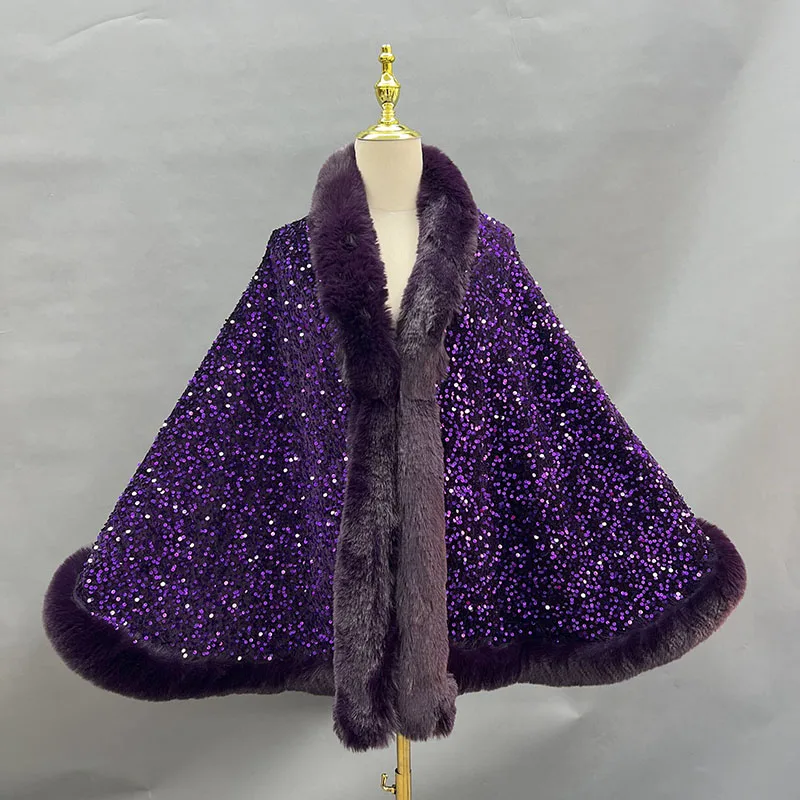 Manteau Cape en Fausse Fourrure de Lapin pour Femme, Paillettes Brillantes, Châle Everak, Robe de Soirée Chaude, Doublure Épaisse, Wraps à la Mode, Hiver