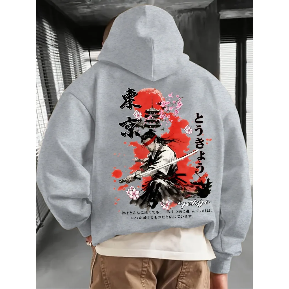 Men Japanese Samurai Tokyo Sakura Graphic Hoodie Ink Wash Art Print Pullover Casual Street Hooded Sweatshirt Unisex Loose Autumn