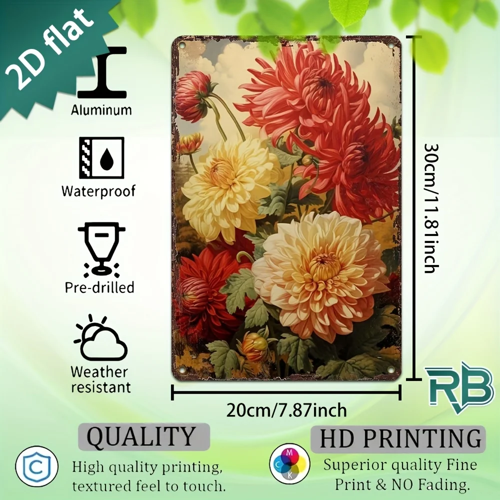 New Trendy HD Metal Wall Art - Vintage Rustic 2D Flat Design Featuring a Beautiful Bouquet of Red and Yellow Dahlia Chrysanthemu