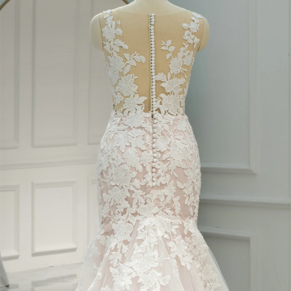 Stylish Surprise Price Wedding Gown For Bride 2025 Mermaid Lace Illusion Wedding Dress O-Neck Button Vestido De Noiva QW01973