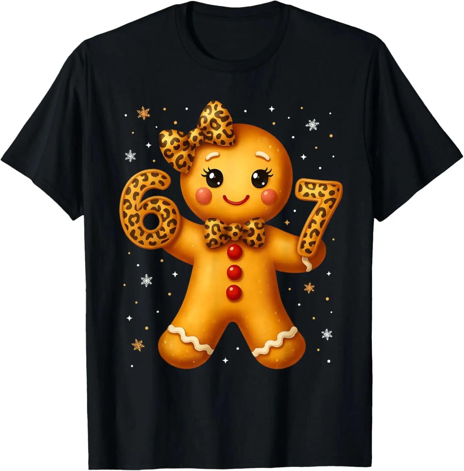 Christmas Funny Gingerbread Six Seven 67 Leopard Bow Girl T-Shirt Summer Short-Sleeved Breathable Sweat-Wicking Versatile