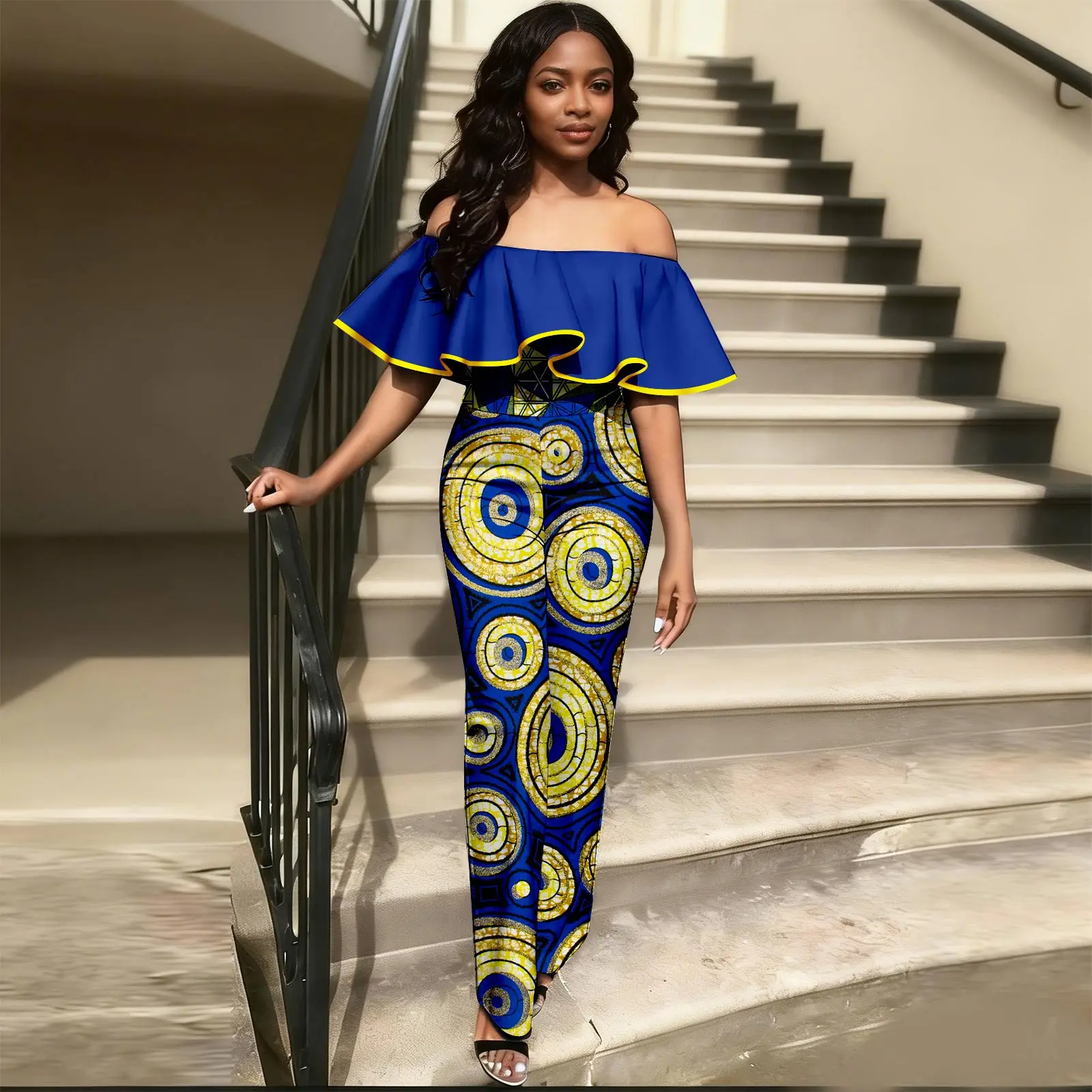 Afripride Africa Women's Jumpsuit Printed Fabric Slash Neck Butterfly sleeve Floor-Length Jumpsuit Patchwork Casual 2629007