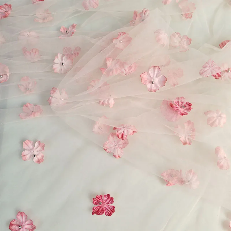 Beads 3D Flower Stapled Lace Fabric Wedding Dress DIY Children's Clothing Sewing Fabric Embroidery Applique Tulle Net Lace