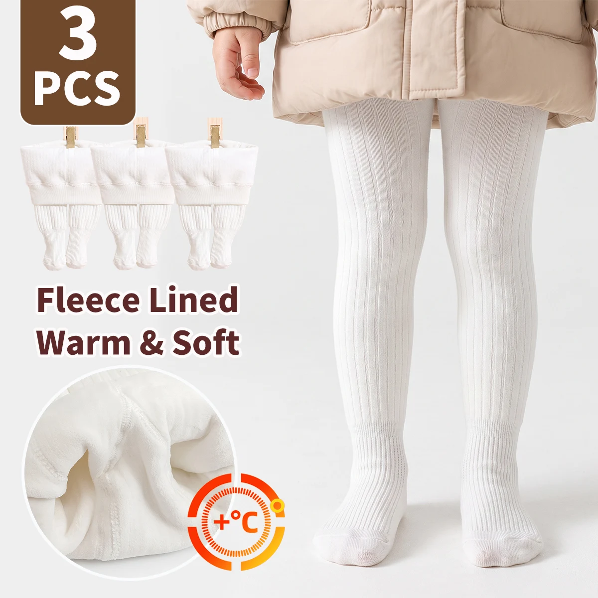 3 Stück dicke, mit Fleece gefütterte Mädchen-Strumpfhosen, einfarbige warme Winter-Strumpfhosen, Baby-Kinder-Thermo-Leggings mit Fuß für den täglichen Gebrauch. – Detail 1