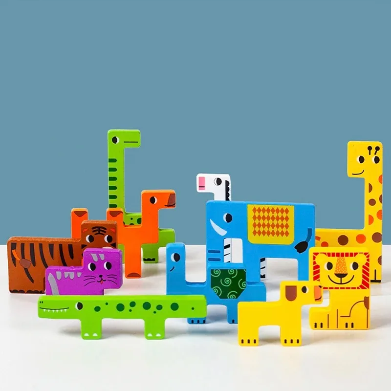 New Cartoon 3D Puzzle Wooden Tangram Math Toys Cube Game Children Pre-school Magination Shapes Puzzle Educational Toy for Kids