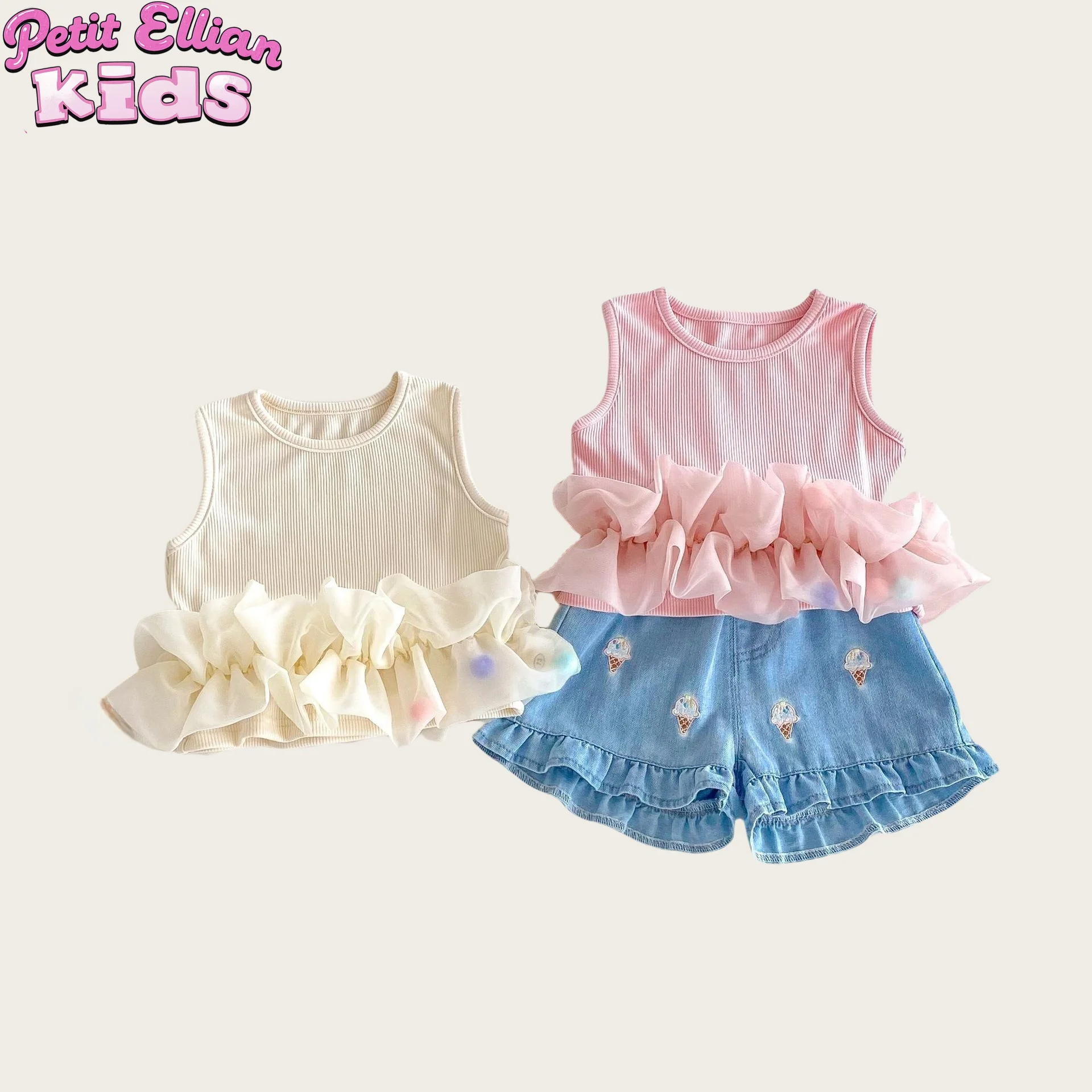 

Cotton Knit Mesh Lace Sleeveless Top and Ice Cream Print Denim Shorts Cute and Breathable Kids Set for 0-5 Y Baby Girls