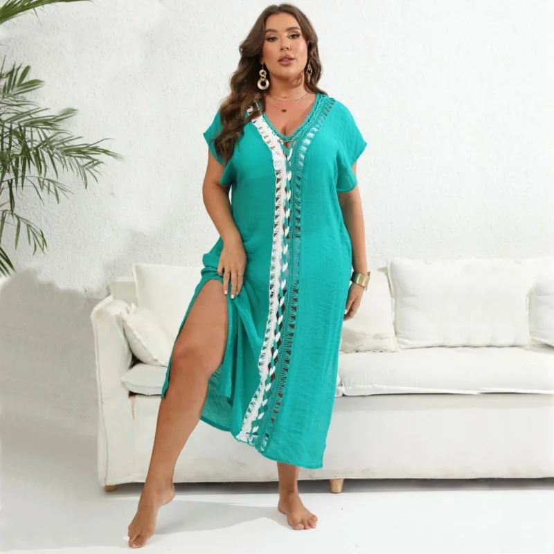 Vrouwen V-hals Cover Ups Beachwear Lange Een Stuk Hollow Out Beachdress Plus Size Solid Bikini Maxi Badpakken Kaftan Badpak