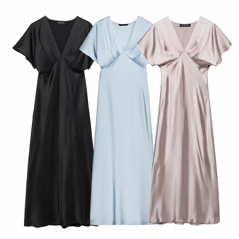 Satin-Midikleid im Frühjahr 2025, neue Ankunft, elegante Alltagskleidung, Party, schmale Passform, Damenkleider, einfarbig, Büro-Cocktailkleidung