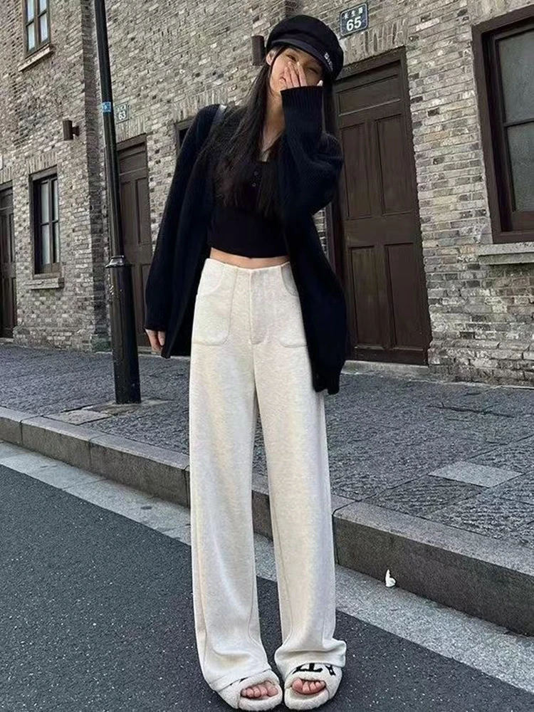 Plush Velvet Lined Woolen Wide Leg Suit Pants Winter Warm Casual Elegant Classic Pantalones Korea Women Baggy Straight Spodnie