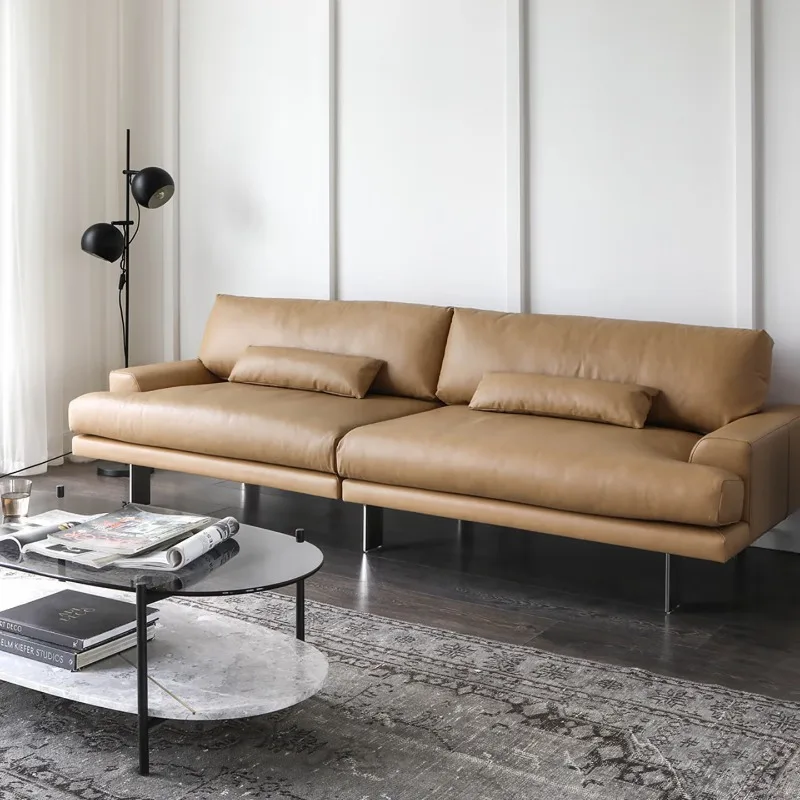 French cream style first-layer cowhide all-leather high-back sofa, regular | milky white 2.5m