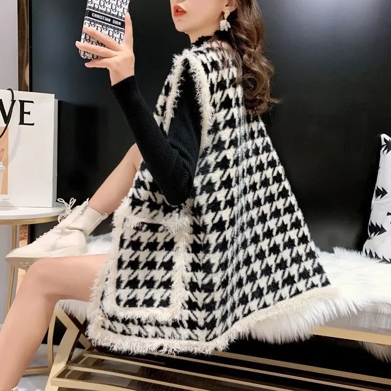 Faux Mink Fur Houndstooth Knitted Vest Women Autumn Winter Korean Japanese Style Loose Plaid Sleeveless Jacket Fashion Waistcoat