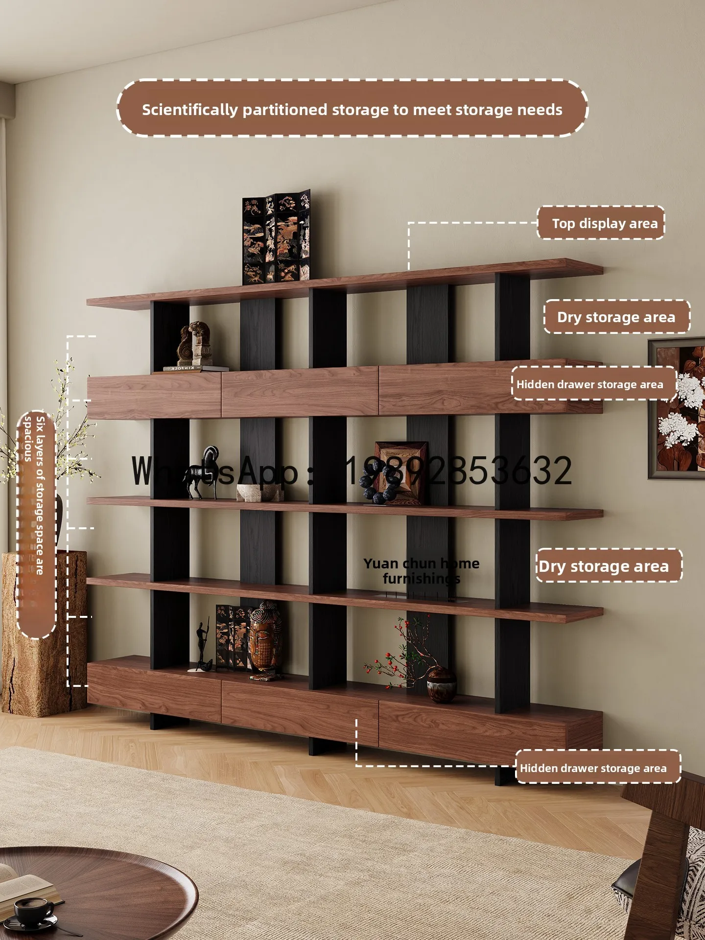 zz Bookshelf Floor-standing Storage Rack Wall-mounted Integrated Bookcase Storage Vintage Style Solid Wood Display Cabinet