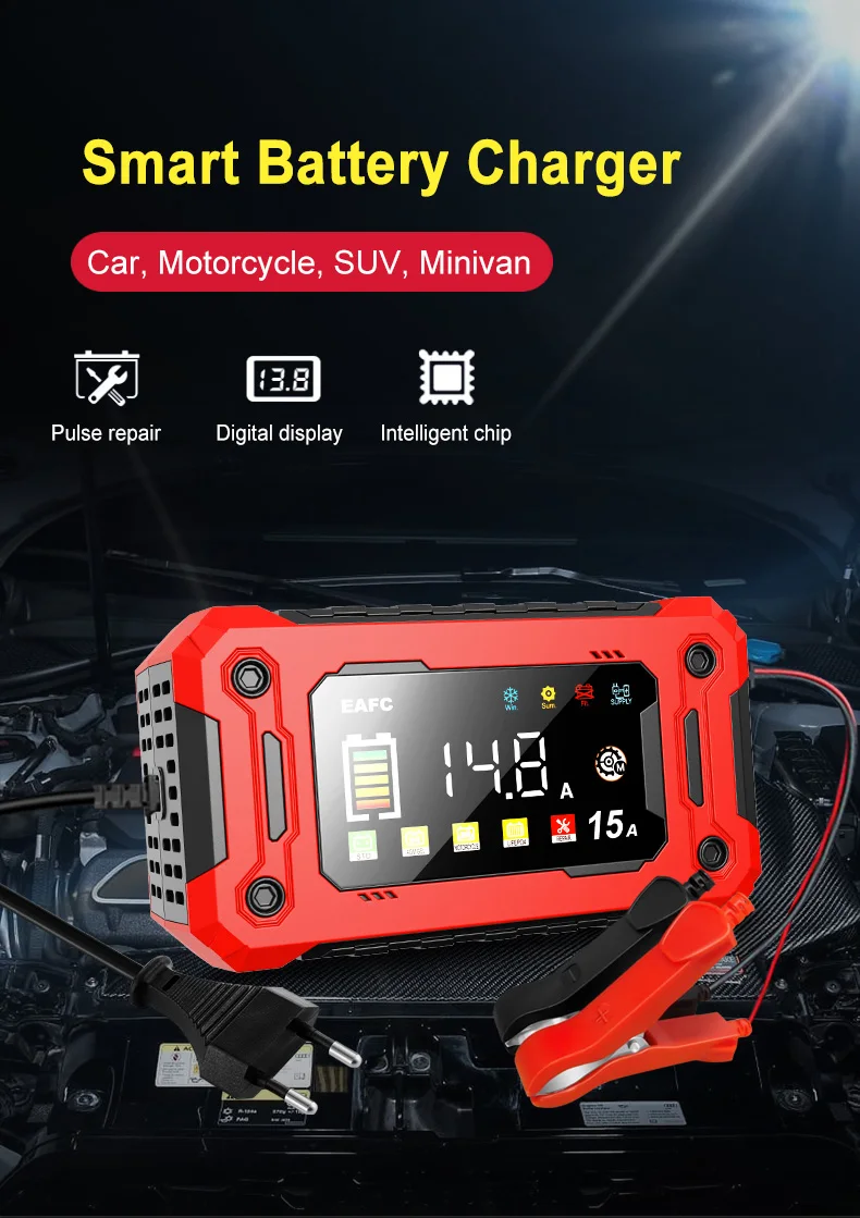 EAFC 12V 15A 8A Autobatterie-Ladegerät mit Großem Bildschirm, Pulsreparatur-Ladegerät für Auto, Motorrad, SUV, Lithium, AGM, Blei-Säure, GEL, LCD-Display – Detail 2