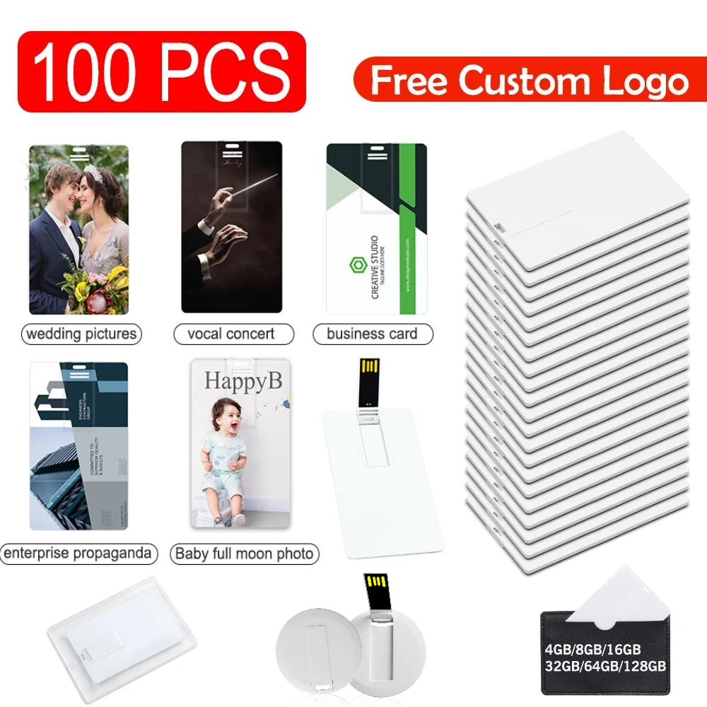 

100pcs/lot White Plastic Credit Card Free Custom Logo Pendrive Business Design Flash Drive Stick 4GB 8GB 16GB 32GB 64GB Usb 2.0