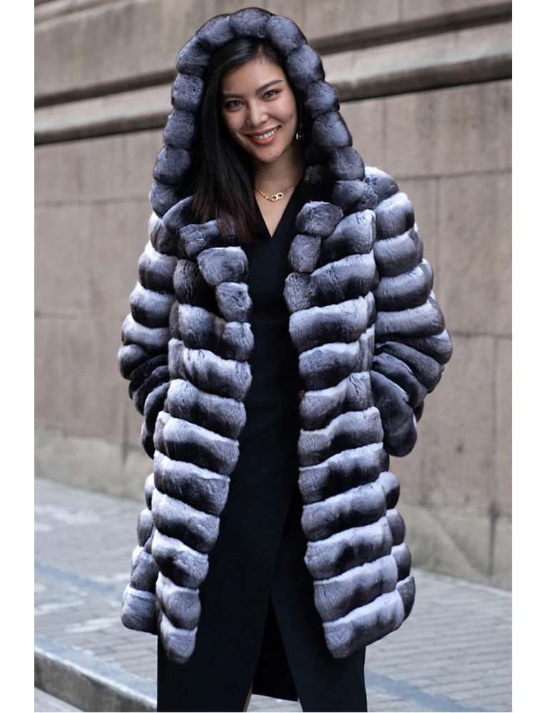 Hooded Fur Coat Women Winter Thick Warm Parka Jacket Faux Mink Fur Overcoat Mid-Length Thick Warm Luxury Fur Cardigan Outerwears