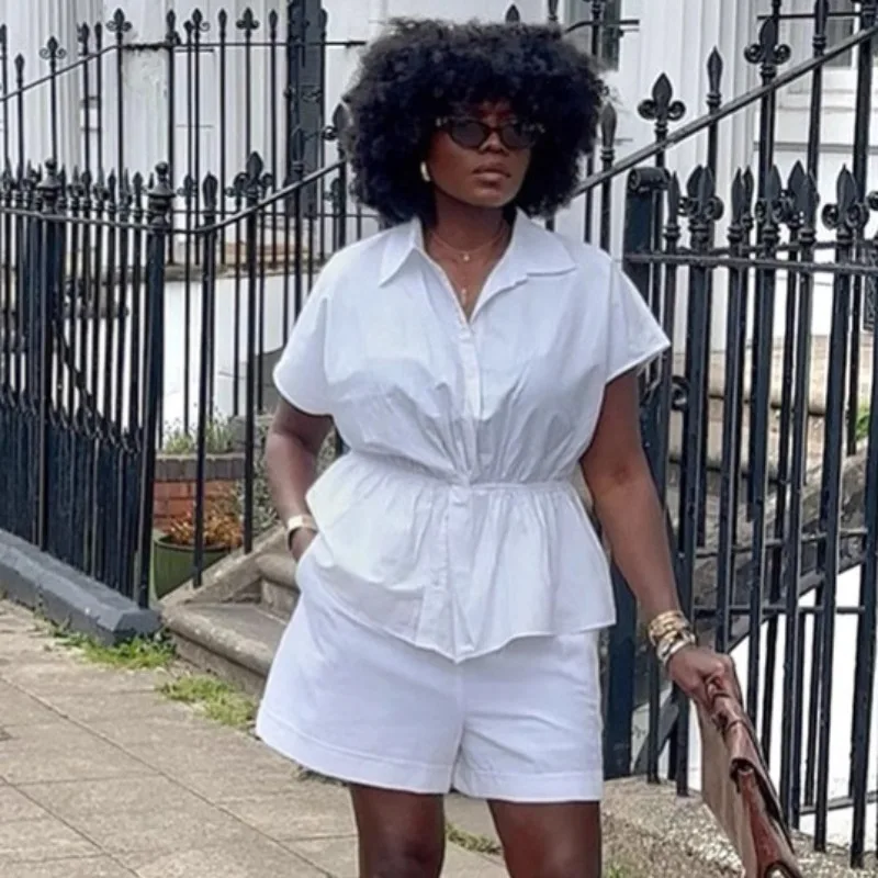 Women Solid 2 Piece Outfit, African Casual Cap Sleeve Corset Shirt & Wide Leg Shorts Set, White Slim Matching Co-ord Suit