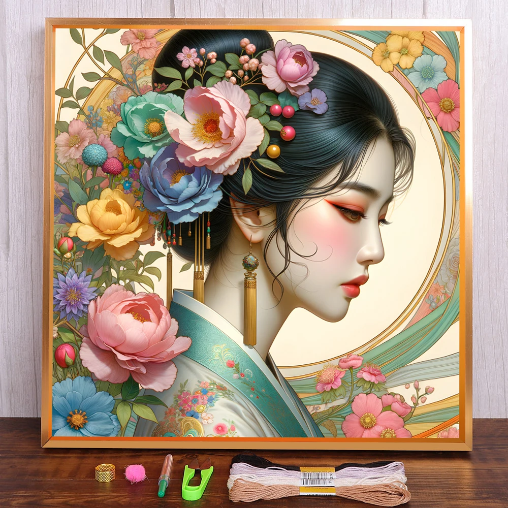 Portrait Japanese Girl Pre-Printed Cross Stitch Kit Embroidery DMC Threads Handicraft Handiwork Craft Sewing Sales Gift Package